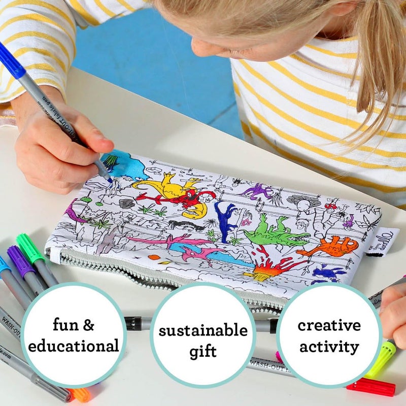 eatsleepdoodle DIY Coloring Dinosaur Pencil Case for Kids with 10pcs Washable Markers, Reusable Art Supply Organizer, Fun Arts & Crafts Activity for Boys & Girls, Creative Gift Idea for Ages - Image 2